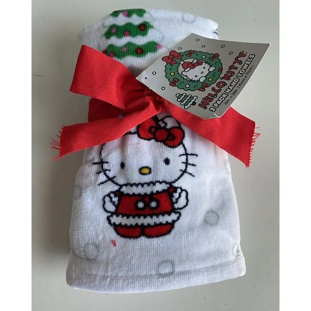 Set Of 2 Sanrio Hello Kitty Christmas Tree SanTa Suit Hand Towels NEW
